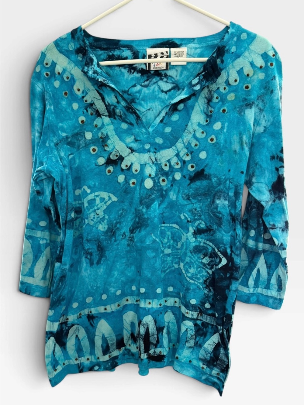 Take Two Women's Teal Tie-Dye V-Neck Tunic W/Beads